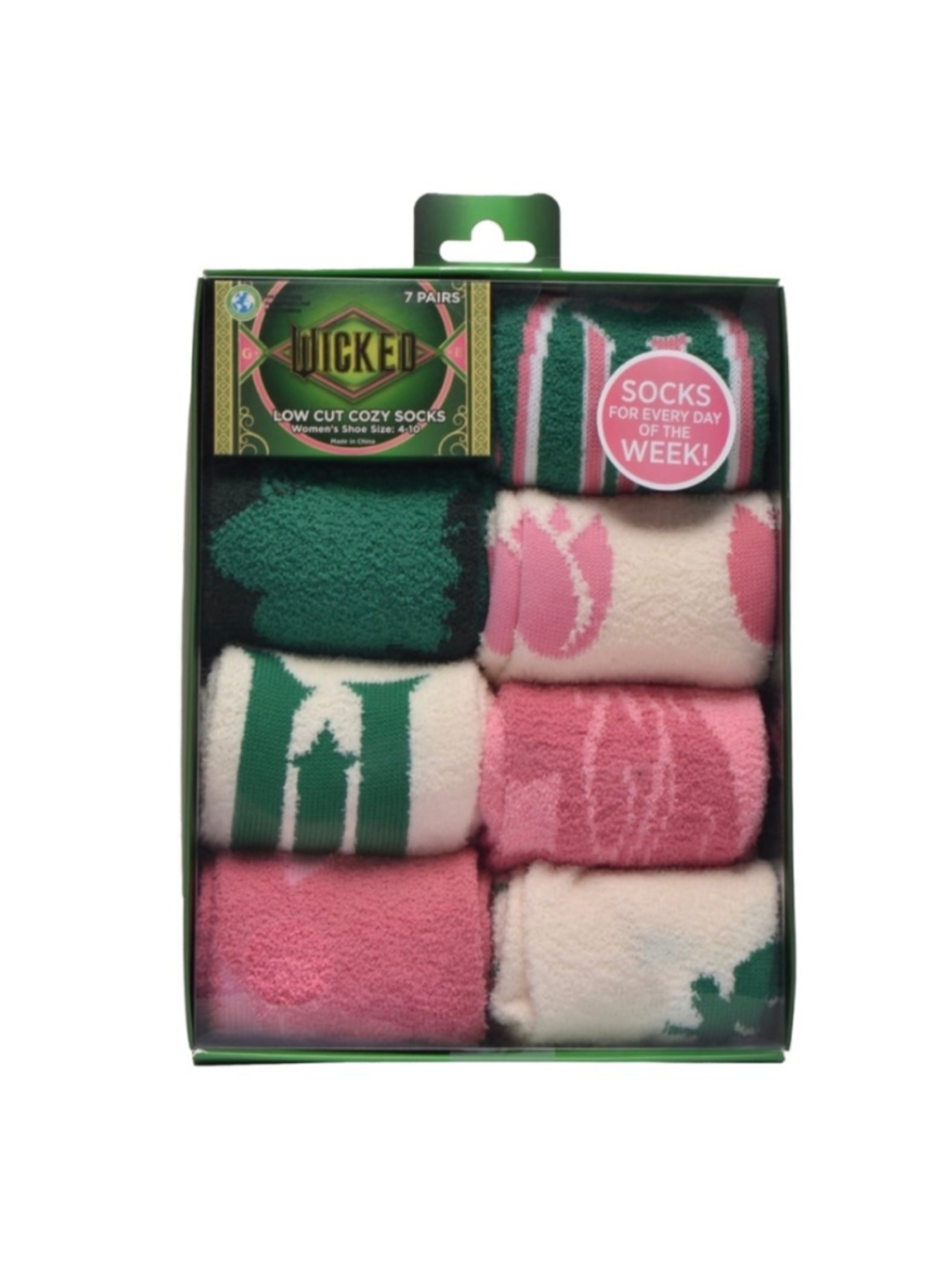 NEW Wicked Cozy Socks 7-Pair Set One Size Green and Pink
